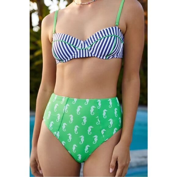 NEW Anthropologie Maeve Green Seahorse Stripe Bustier High-Waisted Bikini Large - Picture 3 of 7